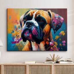 Boxer With Flowers Dog Pet Abstract Modern Oil Painting Wall Art, Framed Canvas Poster Print, Home Kitchen Office Room Decor, Gifts - thumbnail 1