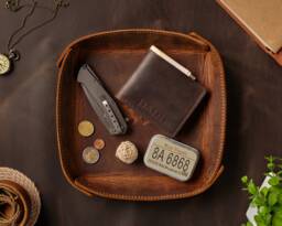 Mens Accessory Valet Tray Gift, Leather Coin Watch Tray, Home Decor Desk Organizer, Corporate Engraved Catchall, Mobile Holder - thumbnail 1