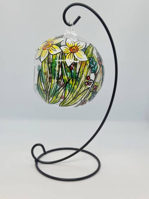December Birth Flower Hanging Tealight Holder, Hand Painted Glass, Narcissus & Holly, Birthday Gift, Mood Lighting, Candle Holder - image 1