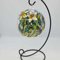 December Birth Flower Hanging Tealight Holder, Hand Painted Glass, Narcissus & Holly, Birthday Gift, Mood Lighting, Candle Holder - thumbnail 2