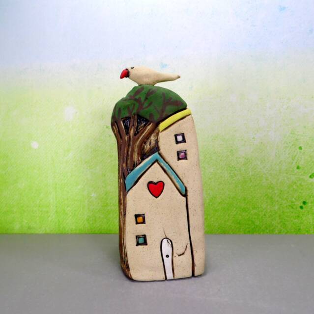 Ceramic House Sculpture, Colorful Tree & Bird, Handmade Miniature Home Decor - image 1