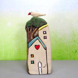 Ceramic House Sculpture, Colorful Tree & Bird, Handmade Miniature Home Decor - thumbnail 2