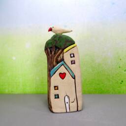 Ceramic House Sculpture, Colorful Tree & Bird, Handmade Miniature Home Decor