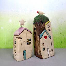 Ceramic House Sculpture, Colorful Tree & Bird, Handmade Miniature Home Decor - thumbnail 4