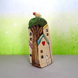 Ceramic House Sculpture, Colorful Tree & Bird, Handmade Miniature Home Decor - thumbnail 3