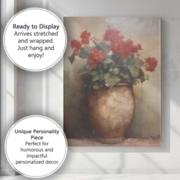 Vintage Red Geranium Flowers Rustic Ceramic Pot Still Life Canvas Wall Art Print Decor Picture Ready To Hang - thumbnail 3
