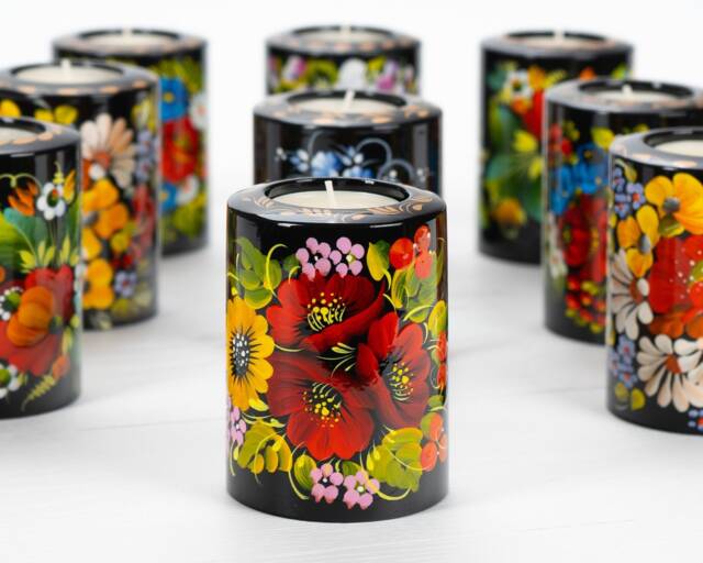 Ukrainian Hand Painted Tea Light Candle Holder, Christmas Candlestick Tealight Petrykivka Gift Ukraine Seller, S162 - image 1