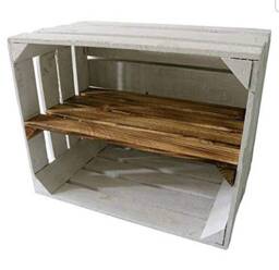 1 X White Painted Crate With Long Burnt Wood Shelf - Wooden Apple Crates, Ideal Storage Boxes Box Display Crate Bookshelf Dresser