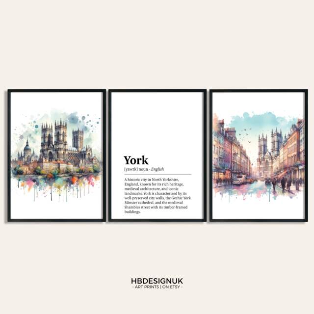 York UK Art Print Set - Of 3 Watercolour Posters - Yorkshire Travel Prints Poster Wall Cathedral Artwork Decor - image 1