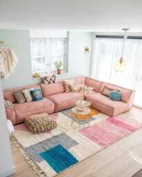 Colorful Geometric Patchwork Moroccan Rug - Large 9x12 Area Handmade Berber Shag Vibrant Pink & Teal Wool Carpet - thumbnail 1