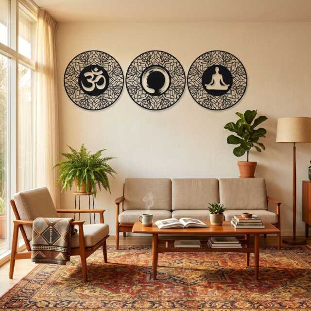 Spiritual Metal Wall Art Set Of 3, Om Zen Yoga Mandala Circle Decor, Meditation Living Room Sign, Boho Home Gift - image 1