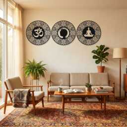 Spiritual Metal Wall Art Set Of 3, Om Zen Yoga Mandala Circle Decor, Meditation Living Room Sign, Boho Home Gift - thumbnail 1
