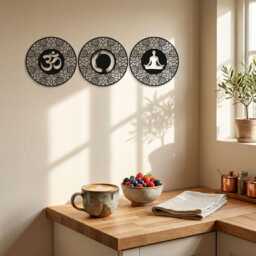 Spiritual Metal Wall Art Set Of 3, Om Zen Yoga Mandala Circle Decor, Meditation Living Room Sign, Boho Home Gift - thumbnail 2