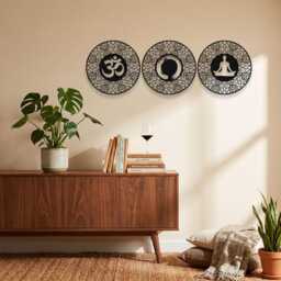 Spiritual Metal Wall Art Set Of 3, Om Zen Yoga Mandala Circle Decor, Meditation Living Room Sign, Boho Home Gift - thumbnail 4