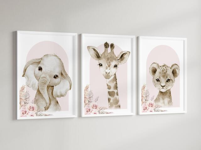 Safari Elephant Giraffe Lion Animal Baby Girls Pink A4 Or A3 Nursery Set Of Unframed Print Neutral Boho Beige Flower Jungle - image 1