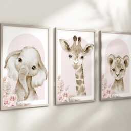 Safari Elephant Giraffe Lion Animal Baby Girls Pink A4 Or A3 Nursery Set Of Unframed Print Neutral Boho Beige Flower Jungle - thumbnail 2