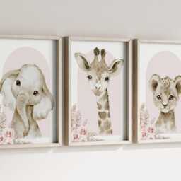 Safari Elephant Giraffe Lion Animal Baby Girls Pink A4 Or A3 Nursery Set Of Unframed Print Neutral Boho Beige Flower Jungle - thumbnail 3