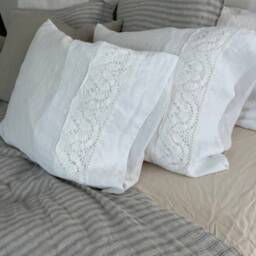 Linen Pillowcase With French Lace , Housewife Standard Queen King Euro Sham Body Pillow Size. Bed Pillows - thumbnail 3