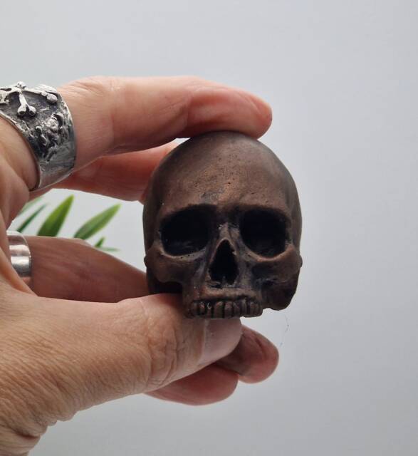 Bronze Effect Solid Tiny Human Half Skull Ornament. Small Replica Plaster Of Paris Skull - image 1