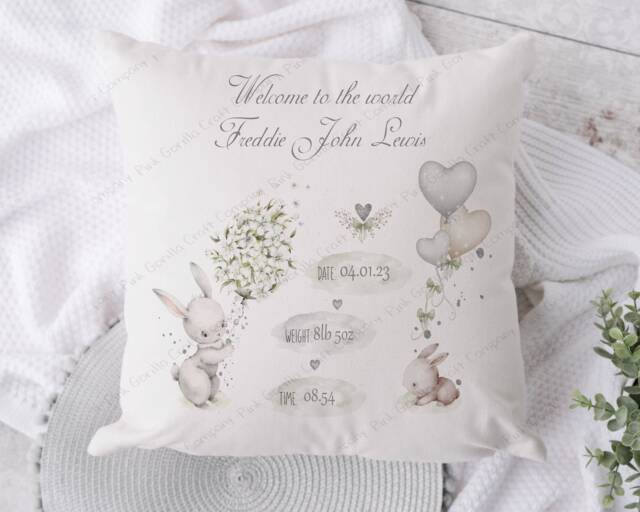 New Baby Gift, Newborn Baby Cushion, Bunny, Birth Announcement, Nursery Decor, Personalised Arrival Gift, Gift For - image 1