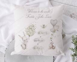New Baby Gift, Newborn Baby Cushion, Bunny, Birth Announcement, Nursery Decor, Personalised Arrival Gift, Gift For - thumbnail 1