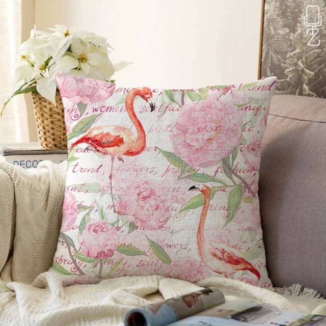 Pillow Cover With Red Flamingo & Pink Flowers - Double Sided Printing On Soft Chenille Fabric Multi Size Options Oeko-Tex?? - image 1