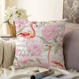Pillow Cover With Red Flamingo & Pink Flowers - Double Sided Printing On Soft Chenille Fabric Multi Size Options Oeko-Tex?? - thumbnail 1