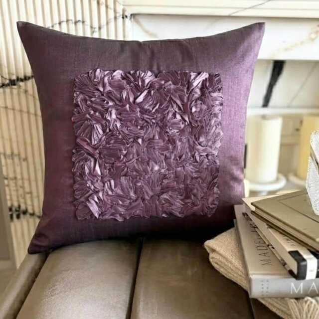 Ribbon Embroidered Solid Pattern, Plum Purple Art Silk 24x24/26x26 Modern Euro Sham - Vintage Love - image 1