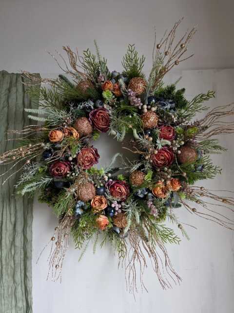 Large Rose Gold Christmas Wreath For Front Door, Rustic Roses, Blue Winter Berries, Luxury Baubles, Mauve Frosted Eucalyptus Door - image 1