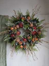 Large Rose Gold Christmas Wreath For Front Door, Rustic Roses, Blue Winter Berries, Luxury Baubles, Mauve Frosted Eucalyptus Door - thumbnail 1
