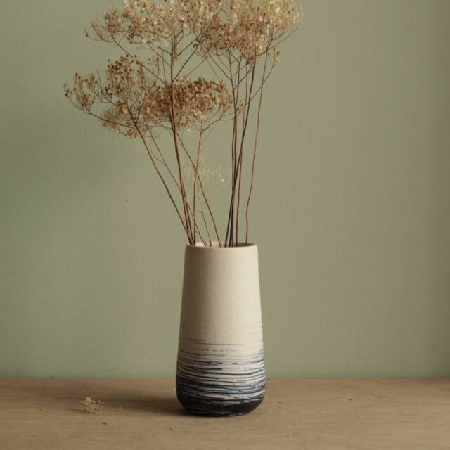 White Vase With Blue Lines, Handmade Ceramic Vase, Flower Stoneware Minimal Pottery Summer Home Decor - image 1