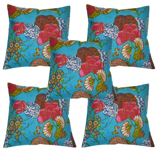 Indian Quilted Kantha Cushion Cover Set Floral Pattern Cover Fruit Print Ethnic Sofa Pillow Cases Handmade Boho Pillow Covers - image 1