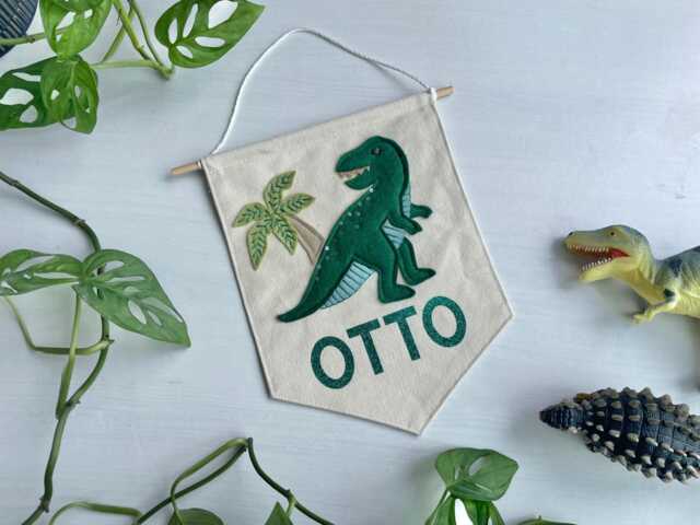 Personalised Dinosaur Felt Banner, Custom Name Wall Hanging, Toddler Room Sign - image 1