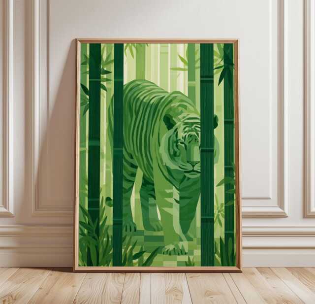 Green Tiger Jungle Poster, Bamboo Animal Wall Art Print - image 1