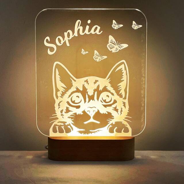 Personalised Kitten Cat & Butterflies Led Night Light With Solid Beech Wood Base - Pretty Kitty Lamp For Girl's Bedroom Name