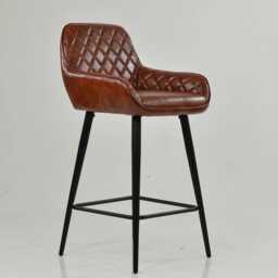 Bar Stools Faux Leather Brown Breakfast Kitchen Counter Stool Black Metal Legs - Vintage Industrial - thumbnail 2