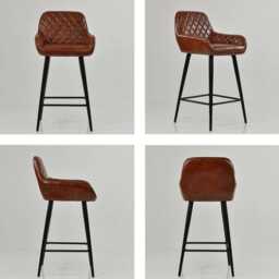 Bar Stools Faux Leather Brown Breakfast Kitchen Counter Stool Black Metal Legs - Vintage Industrial - thumbnail 4