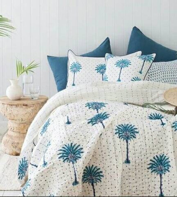 Tree Print, New Handblock Print Quilt, Indian Handmade Kantha Quilt, Bedspread Blanket, Coverlet, Perfect Bed Matching Bedcover, Queen Quilt