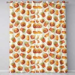 Cute Kawaii Burger Fries Hotdog Fast Food Seamless Pattern Gingham Background Readymade Eyelet Ring Top Thermal 100% Blackout Curtains - thumbnail 2