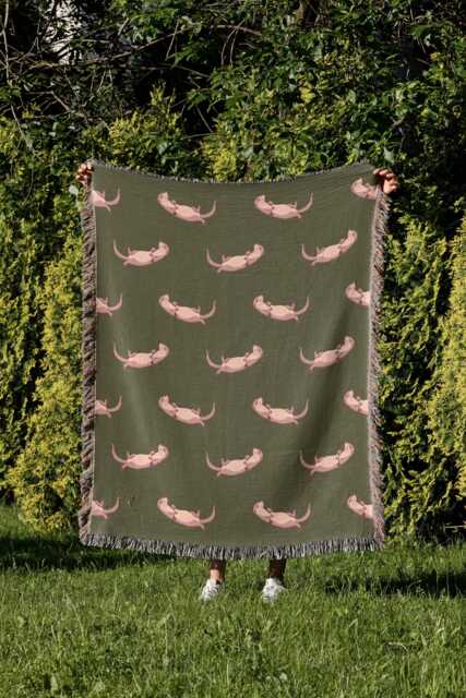 Cotton Woven Blanket, Sea Otter Parade, Blush Pink On Army Green, Animals, Kids Room, Baby Nursery Decor, Coastal Throw - image 1