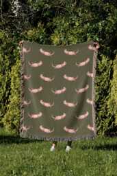 Cotton Woven Blanket, Sea Otter Parade, Blush Pink On Army Green, Animals, Kids Room, Baby Nursery Decor, Coastal Throw - thumbnail 1