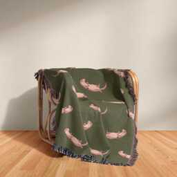 Cotton Woven Blanket, Sea Otter Parade, Blush Pink On Army Green, Animals, Kids Room, Baby Nursery Decor, Coastal Throw - thumbnail 2