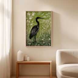 Heron in Reeds Poster Print - Green Wildlife Wall Art Nature Bird Decor - thumbnail 3