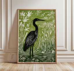 Heron in Reeds Poster Print - Green Wildlife Wall Art Nature Bird Decor - thumbnail 1
