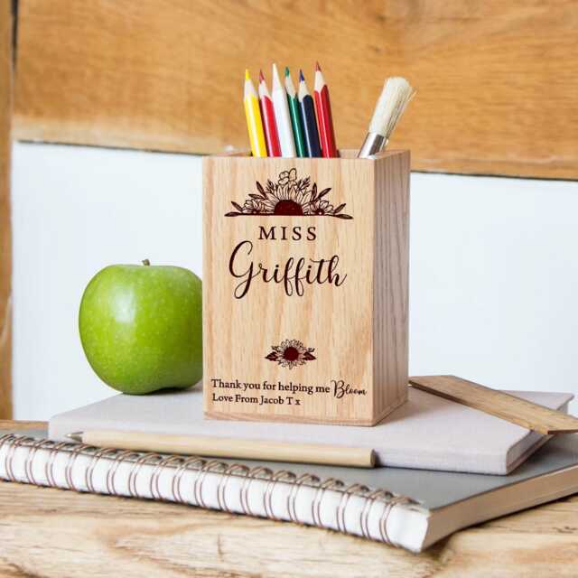 Personalised Teacher Oak Pencil Pot - Half Sunflower - image 1