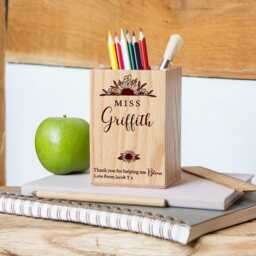 Personalised Teacher Oak Pencil Pot - Half Sunflower