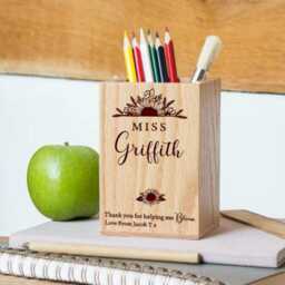 Personalised Teacher Oak Pencil Pot - Half Sunflower - thumbnail 2