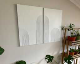 xlarge Set Of 2 White Plaster Wall Art, Textured Canvas Painting, Boho Minimal Neutral Decor For Living Room - thumbnail 1