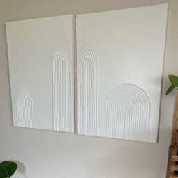xlarge Set Of 2 White Plaster Wall Art, Textured Canvas Painting, Boho Minimal Neutral Decor For Living Room - thumbnail 2