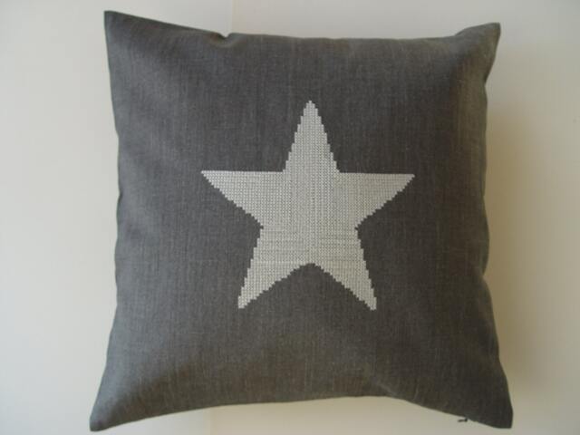 Linen Cushion Cover Embroidered Star Pillow, 16x16 Inch - image 1